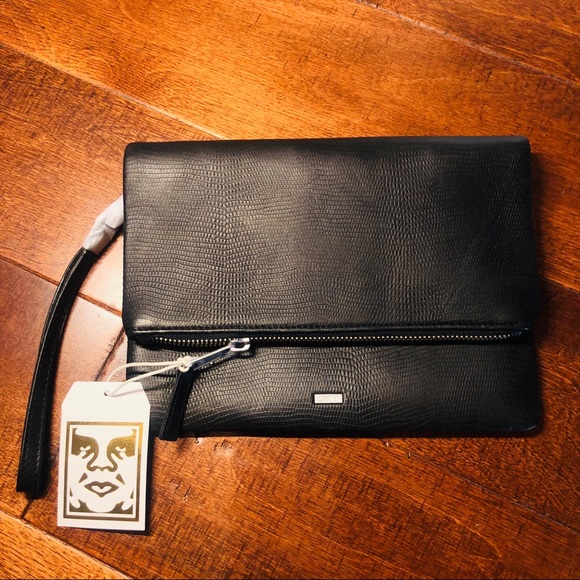 Obey Handbags - NWT Obey Jett black leather fold over clutch purse